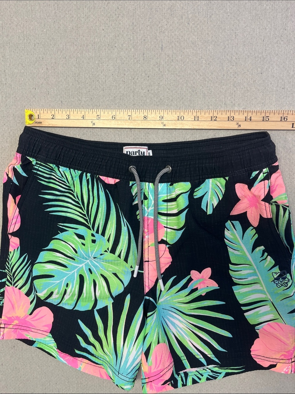 Party Pants Tropical Floral Swim Trunks Black Pink Medium Shorts - Picture 7 of 15